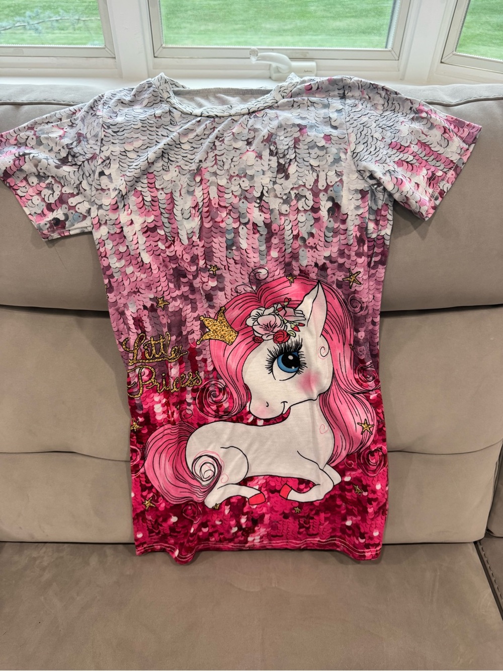 SHEIN Pink, White & Gold Unicorn Sequin-Effect dress